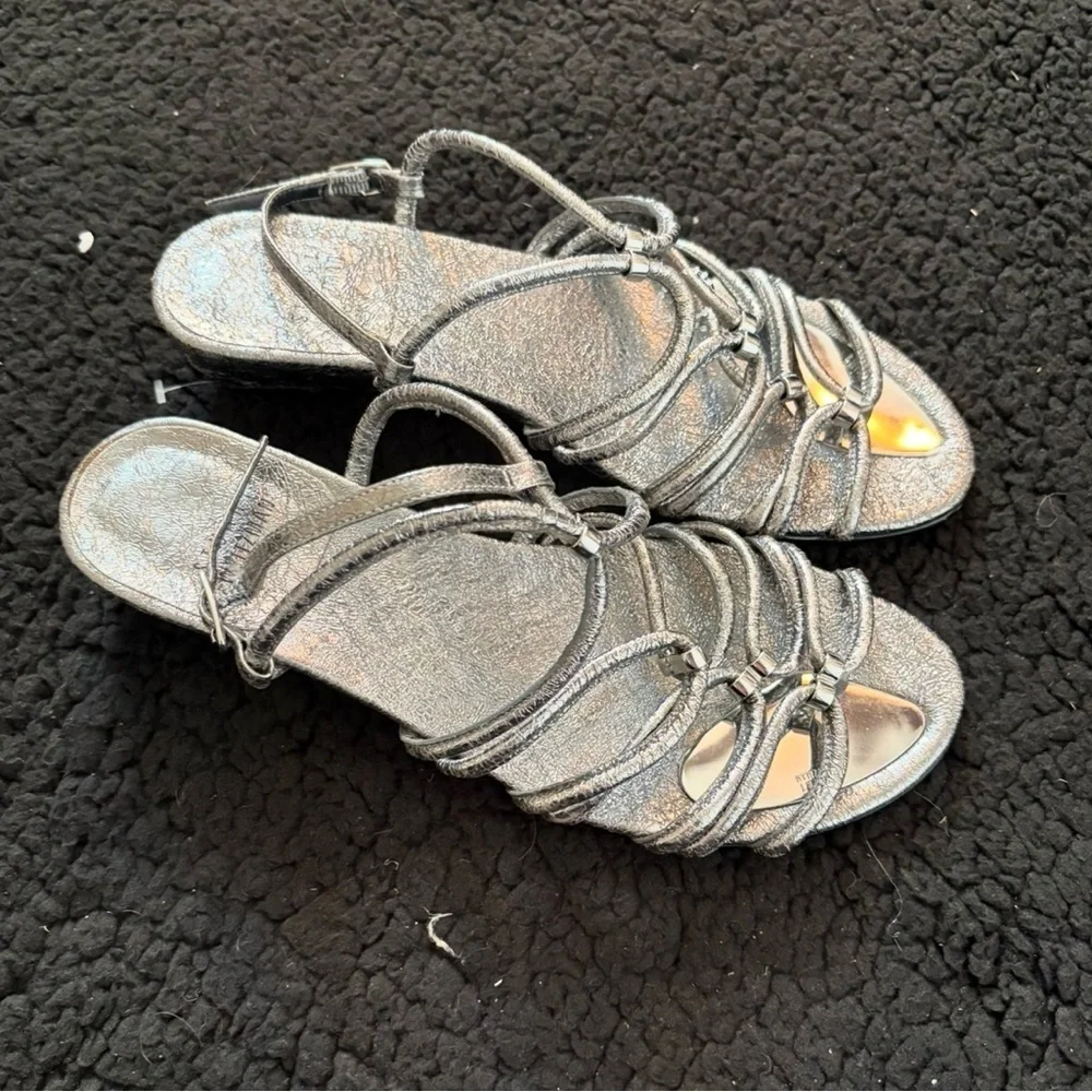 Stuart Weitzman Metallic Silver Wedge Sandals